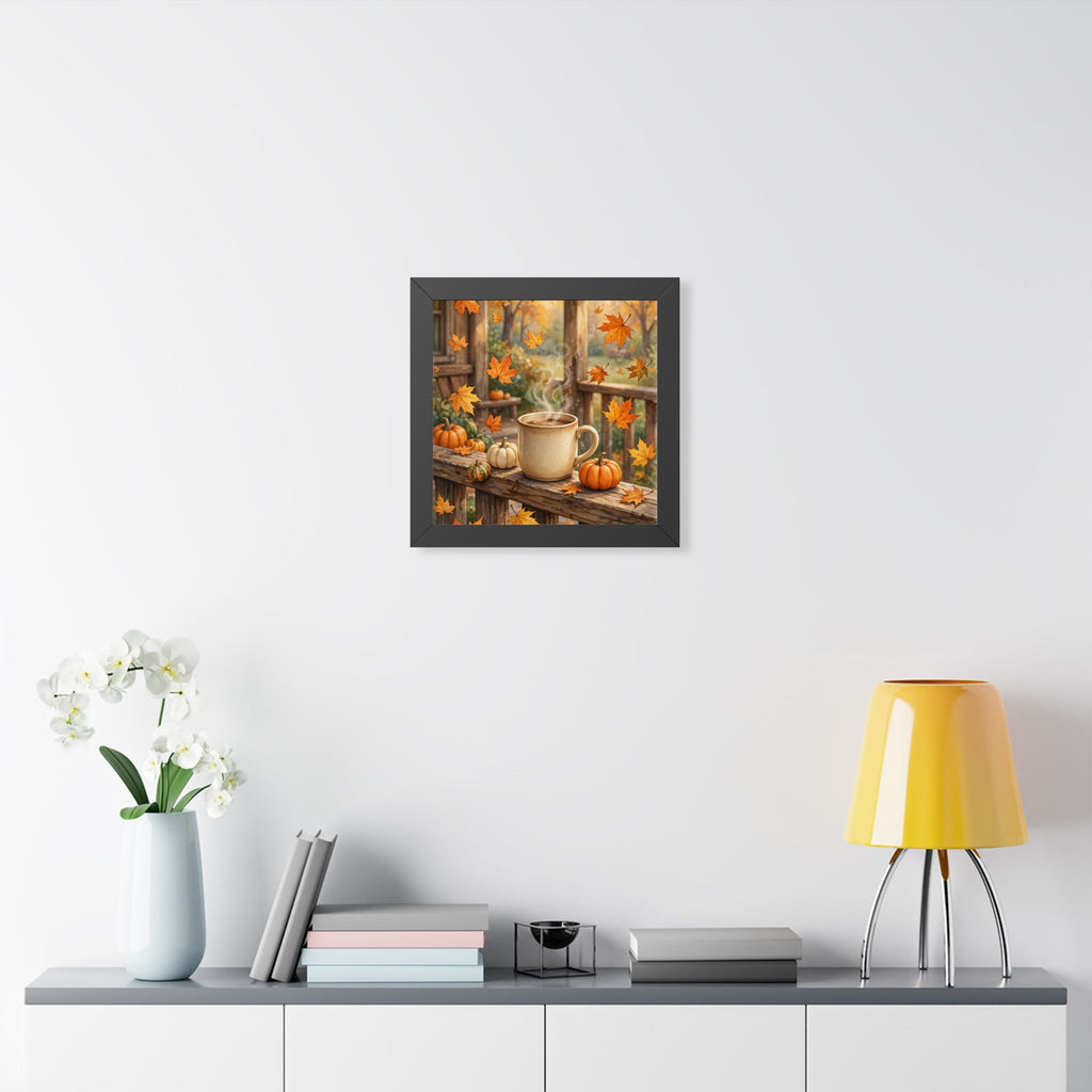 Autumn Porch Coffee — Fall Leaves & Pumpkins, Framed Wall Art