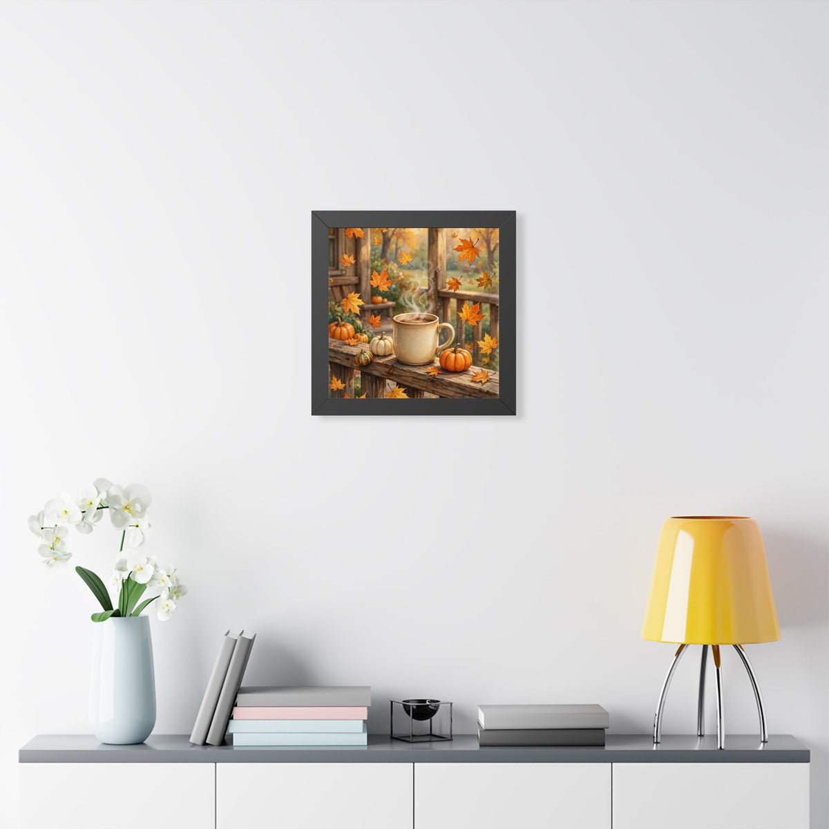 Autumn Porch Coffee — Fall Leaves & Pumpkins, Framed Wall Art