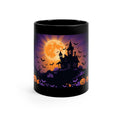 Black 11 oz coffee mug featuring Halloween Night haunted house and harvest moon