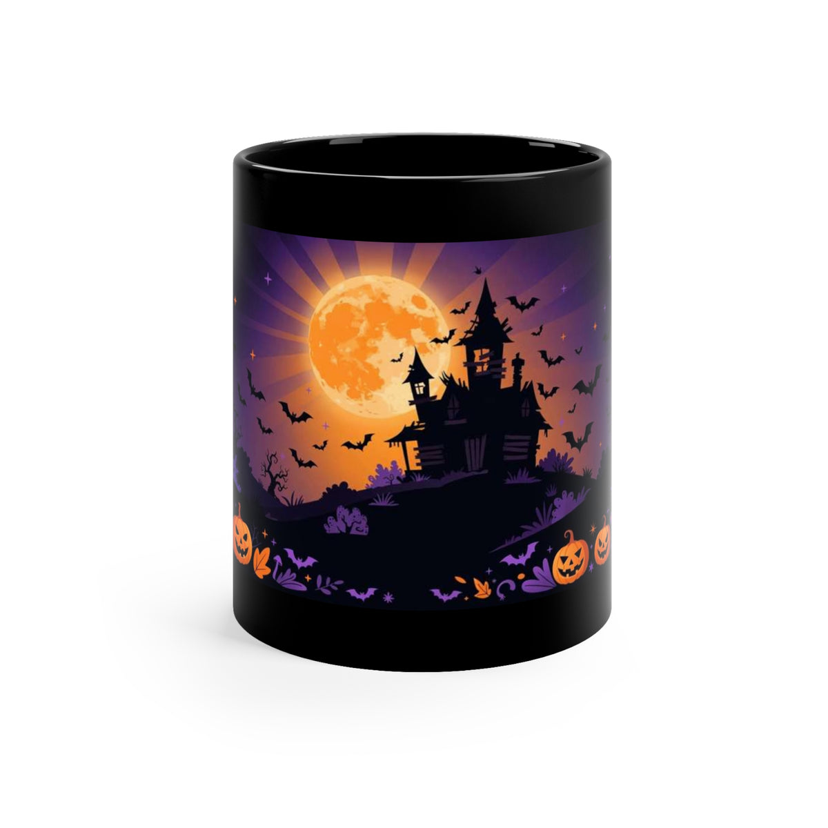 Black 11 oz coffee mug featuring Halloween Night haunted house and harvest moon