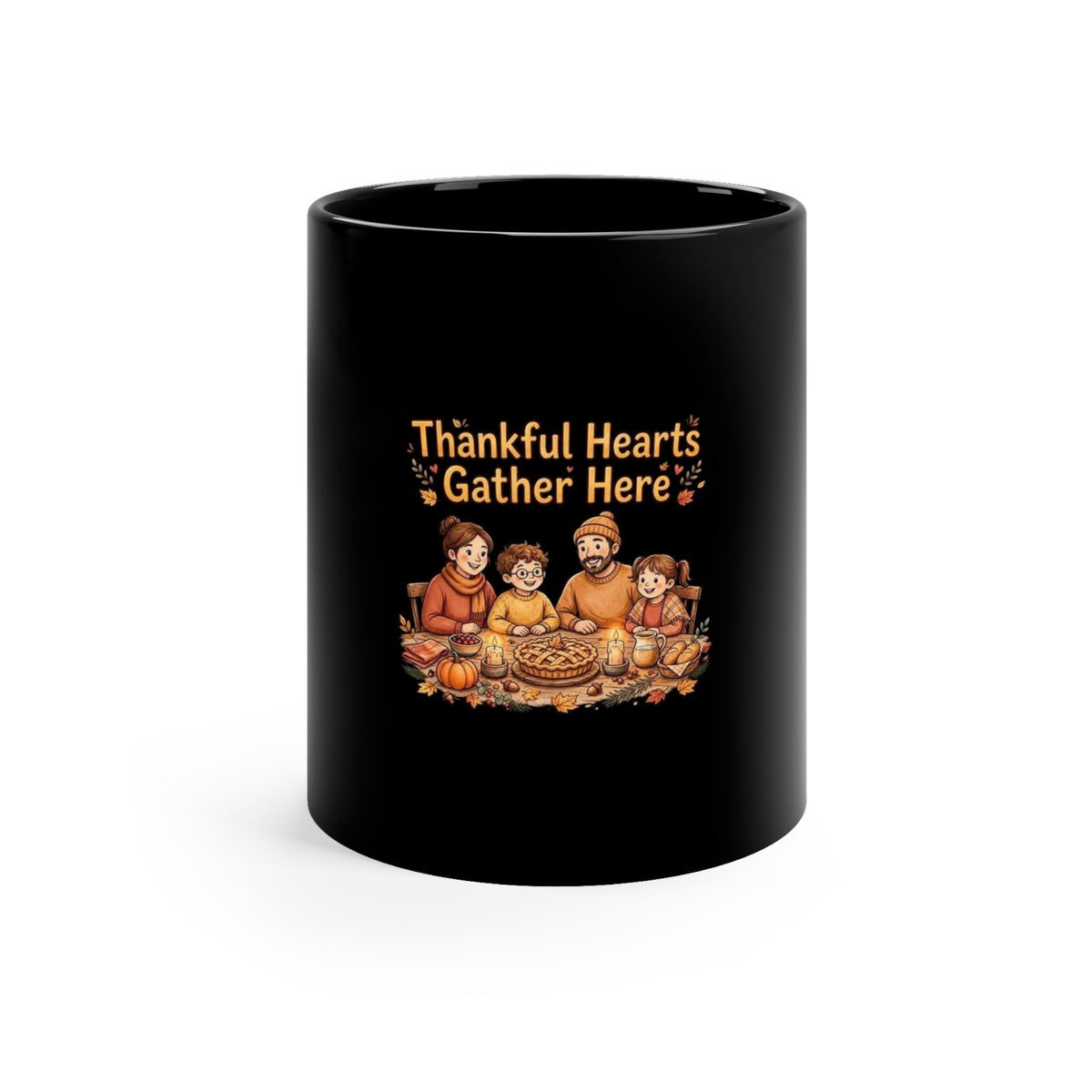 Thankful Hearts Gather Here — Thanksgiving Coffee Mug | Black 11oz