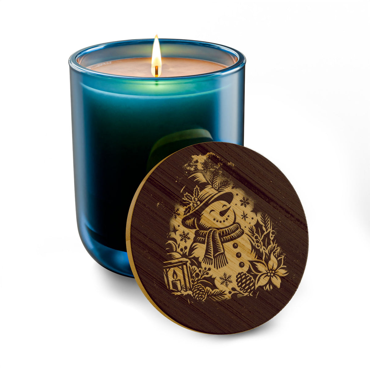 Snowman 14oz soy candle with engraved bamboo lid in Christmas Warmth scent