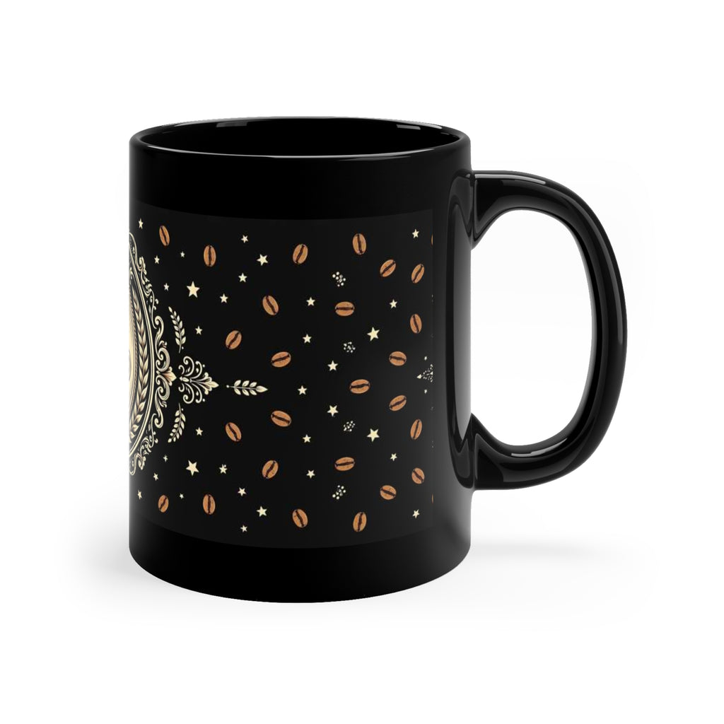 Black 11 oz coffee mug featuring Amanda's Brew House badge logo