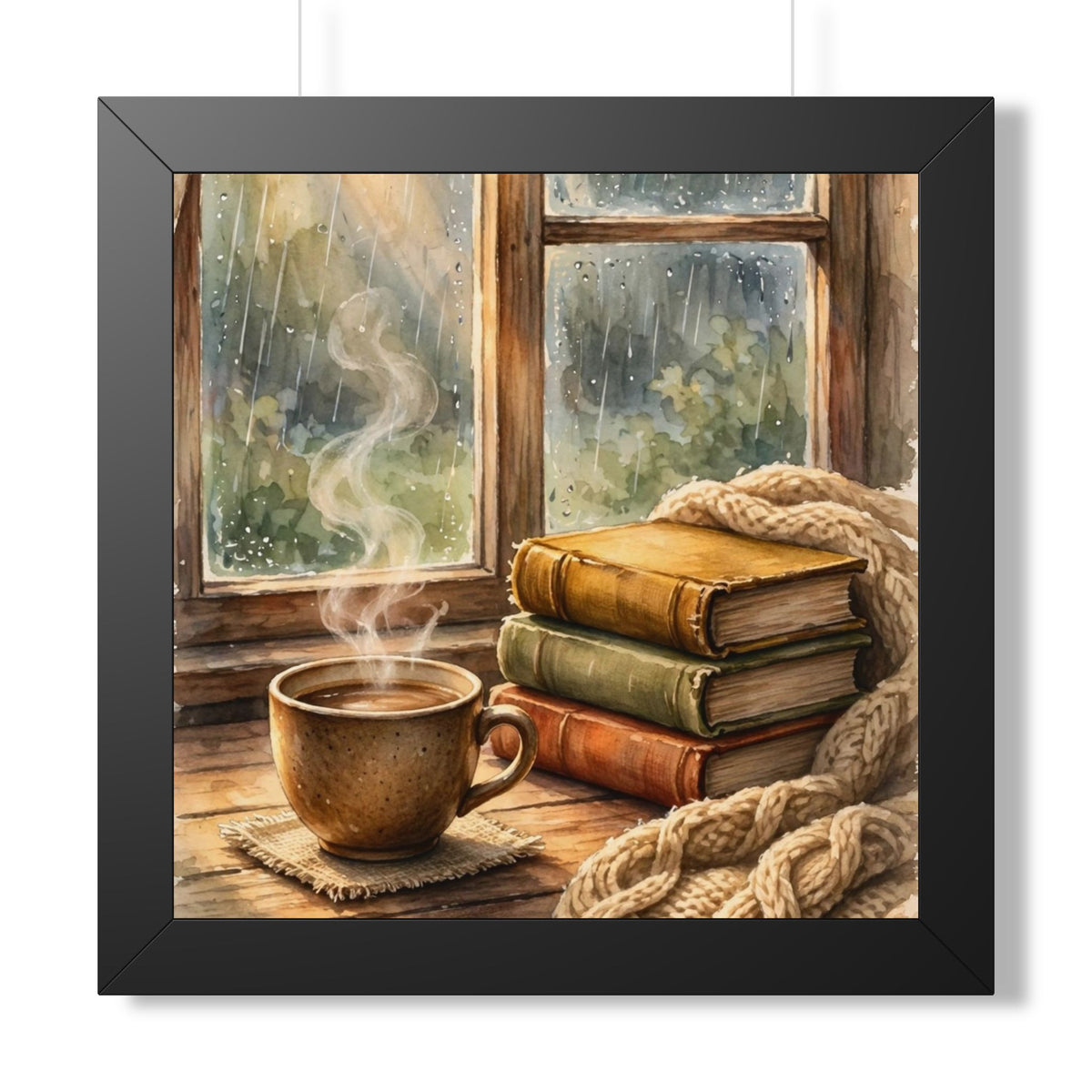 Slow Morning — Cozy Coffee by the Rainy Window, Framed Wall Art