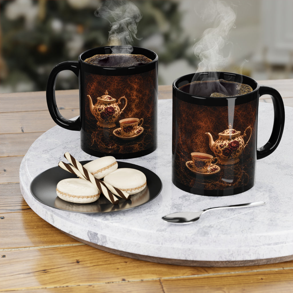 Vintage Floral Teapot Black Mug — 11 oz