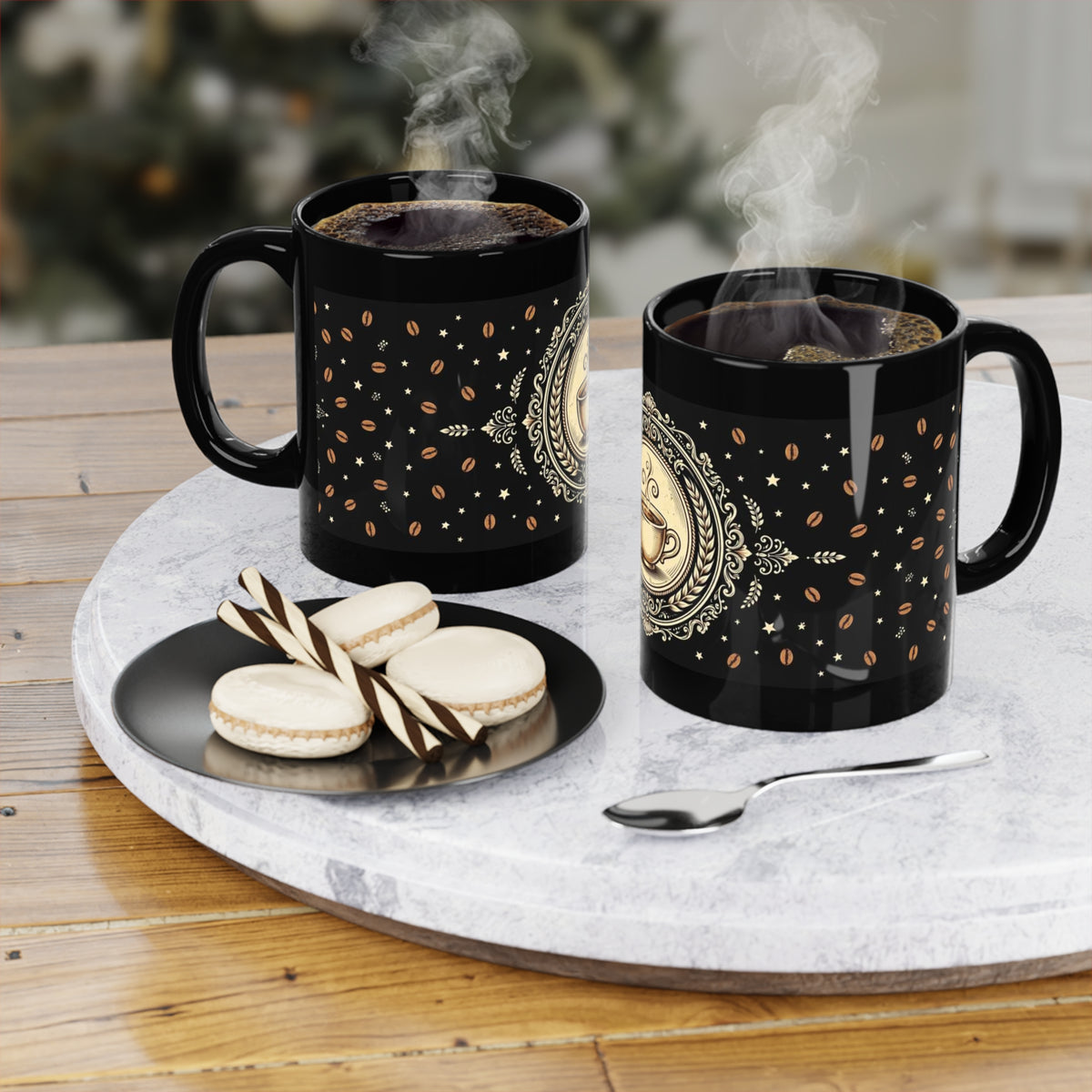 Black 11 oz coffee mug featuring Amanda's Brew House badge logo