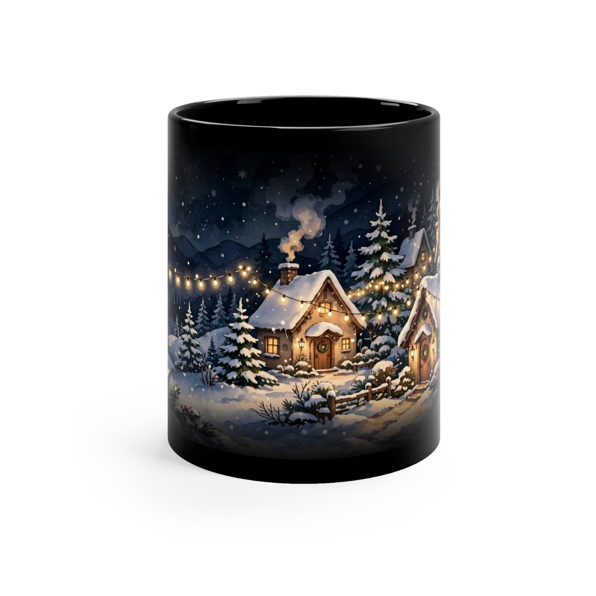 Christmas Night Coffee Mug — 11oz Black Ceramic, Snowy Village & Tree