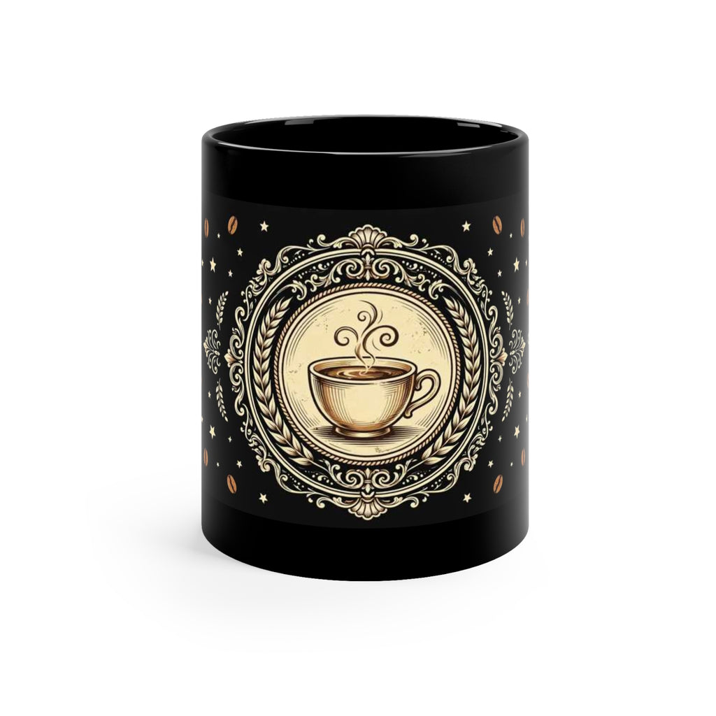 Black 11 oz coffee mug featuring Amanda's Brew House badge logo