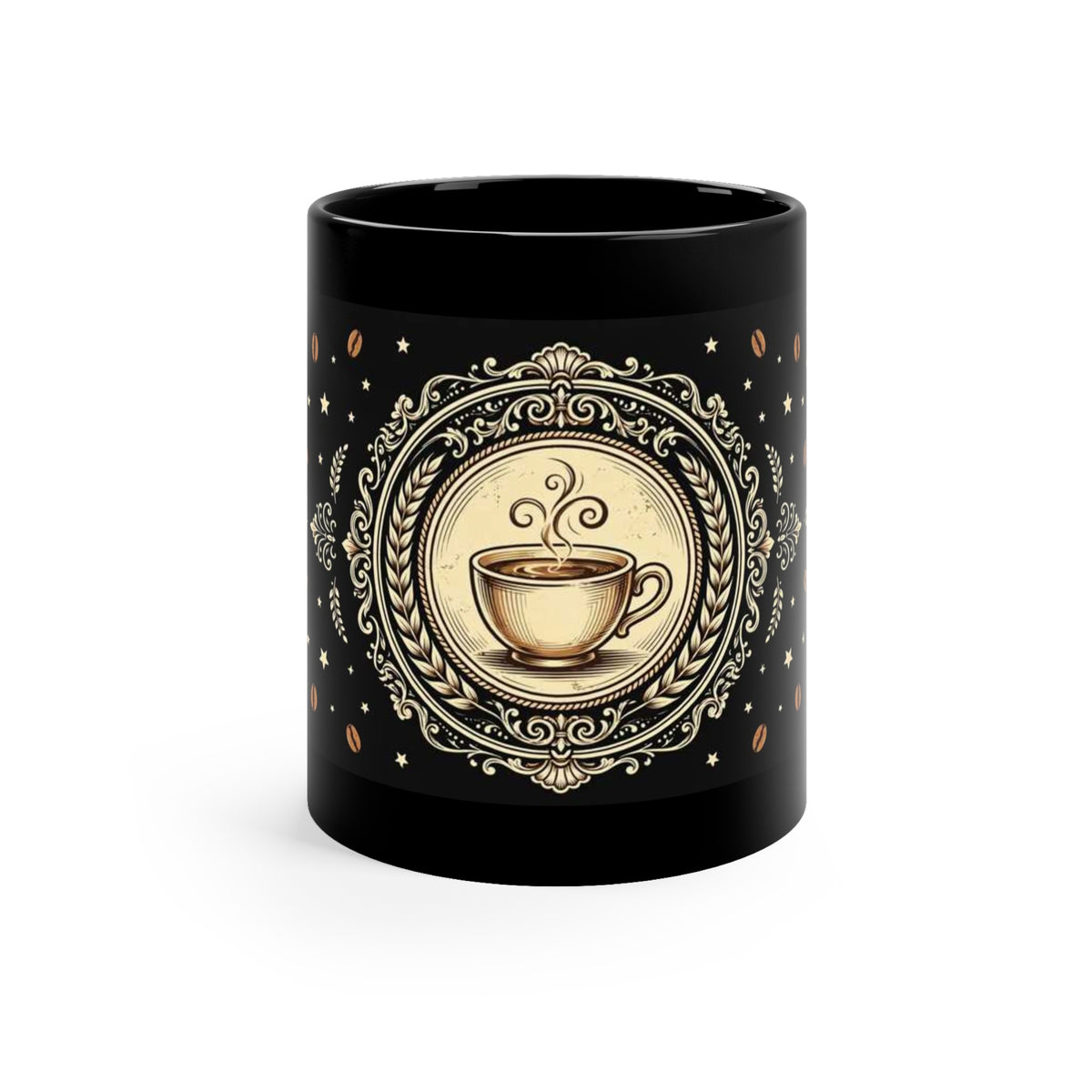 Black 11 oz coffee mug featuring Amanda's Brew House badge logo