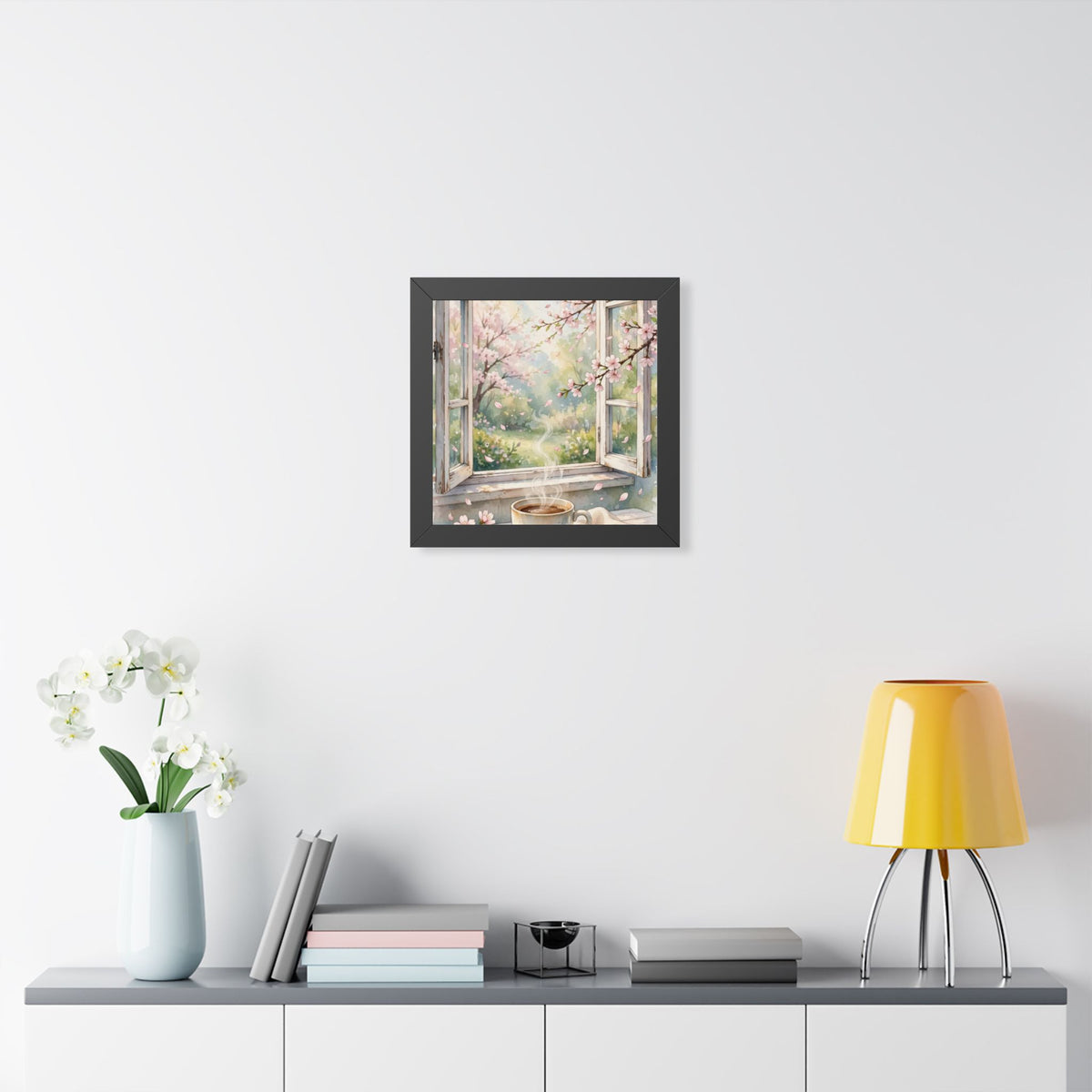 Spring Blossom Morning — Cherry Blossoms & Coffee, Framed Wall Art