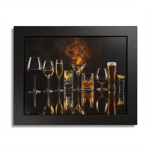 Framed print showing a row of wine, champagne, and spirits glasses with golden reflections.