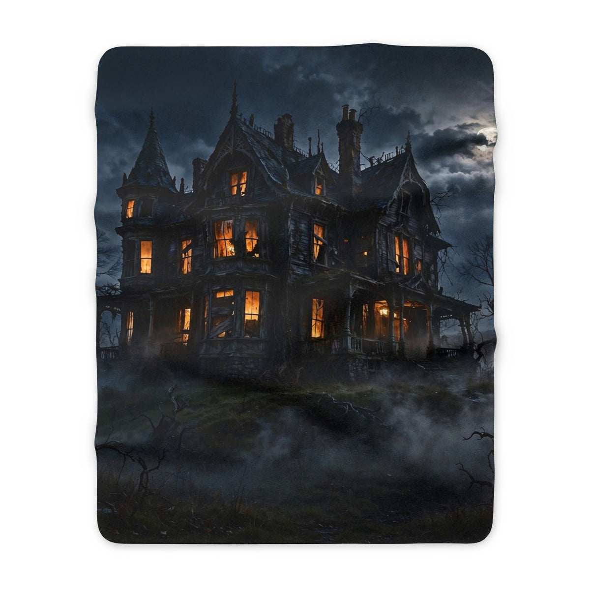 Haunted House at Night Sherpa Blanket — Halloween Fleece Throw