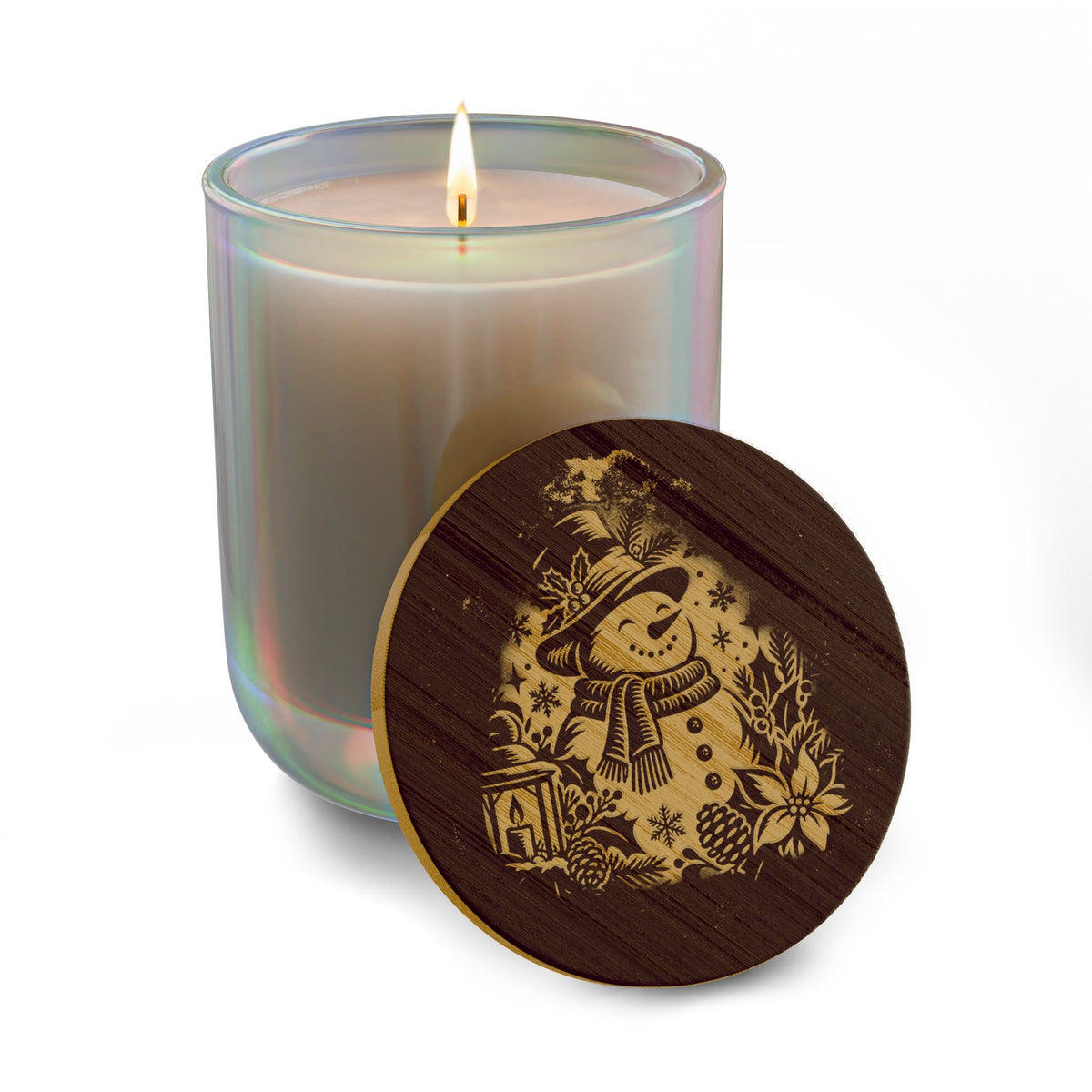 Snowman 14oz soy candle with engraved bamboo lid in Christmas Warmth scent