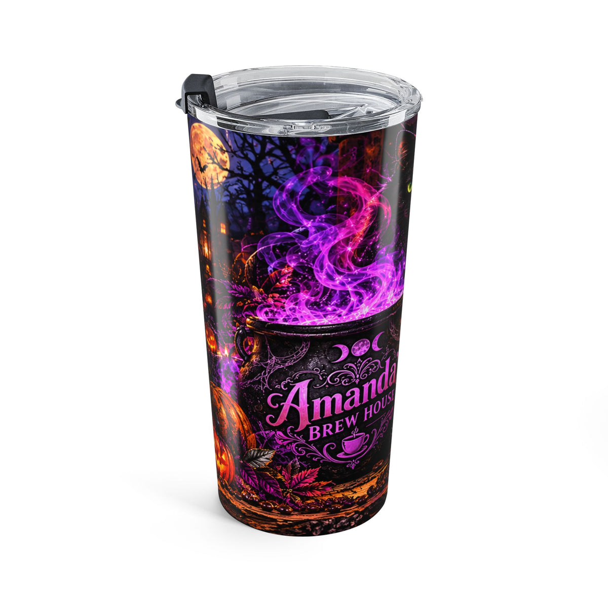 20oz Halloween witchy tumbler with haunted house, pumpkins, black cat and clear lid