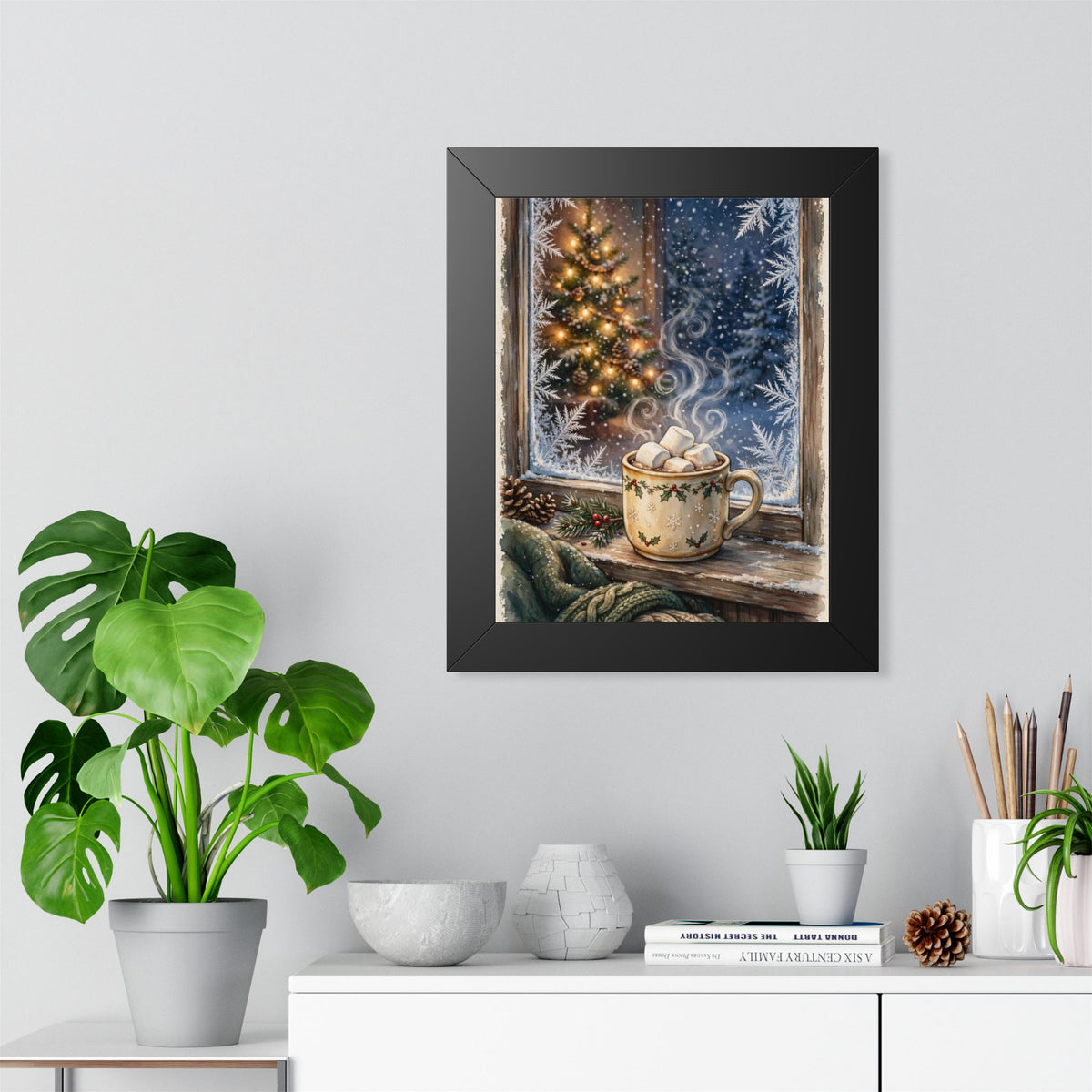 Christmas Cocoa — Snowy Window & Warm Mug, Framed Wall Art