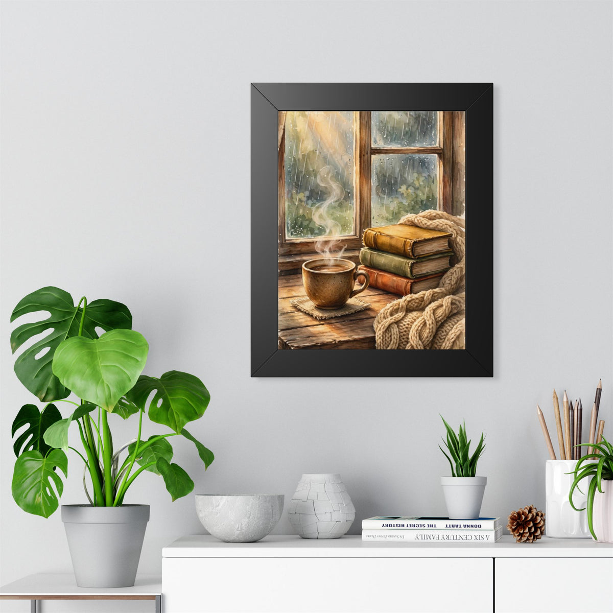 Slow Morning — Cozy Coffee by the Rainy Window, Framed Wall Art