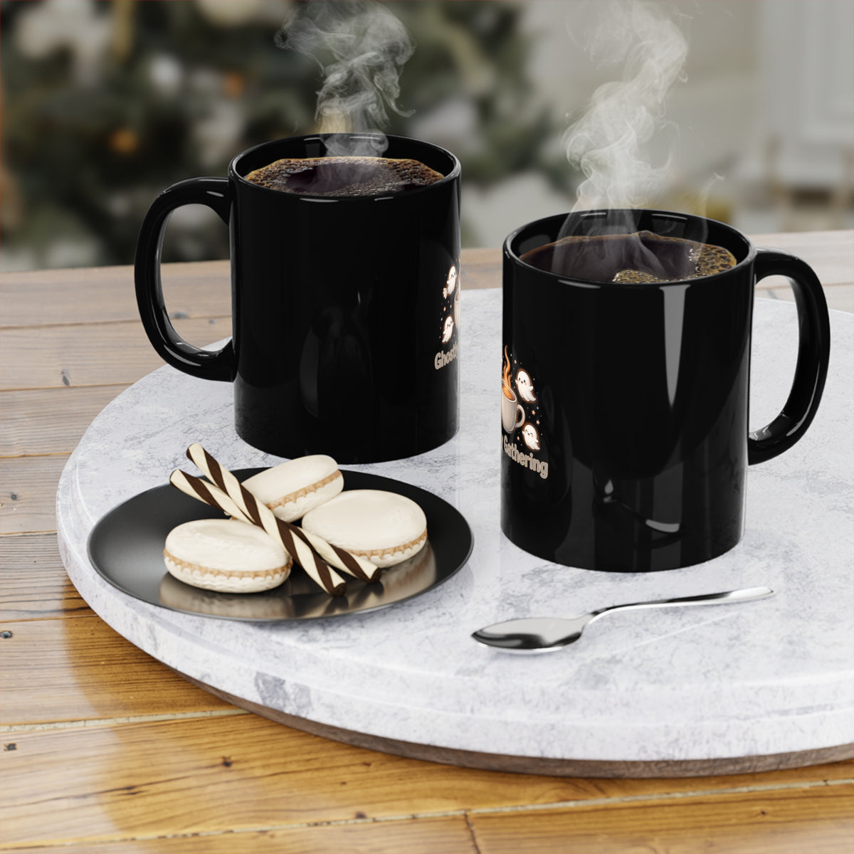 Ghostly Gathering — Cute Halloween Ghost Coffee Mug | Black 11oz
