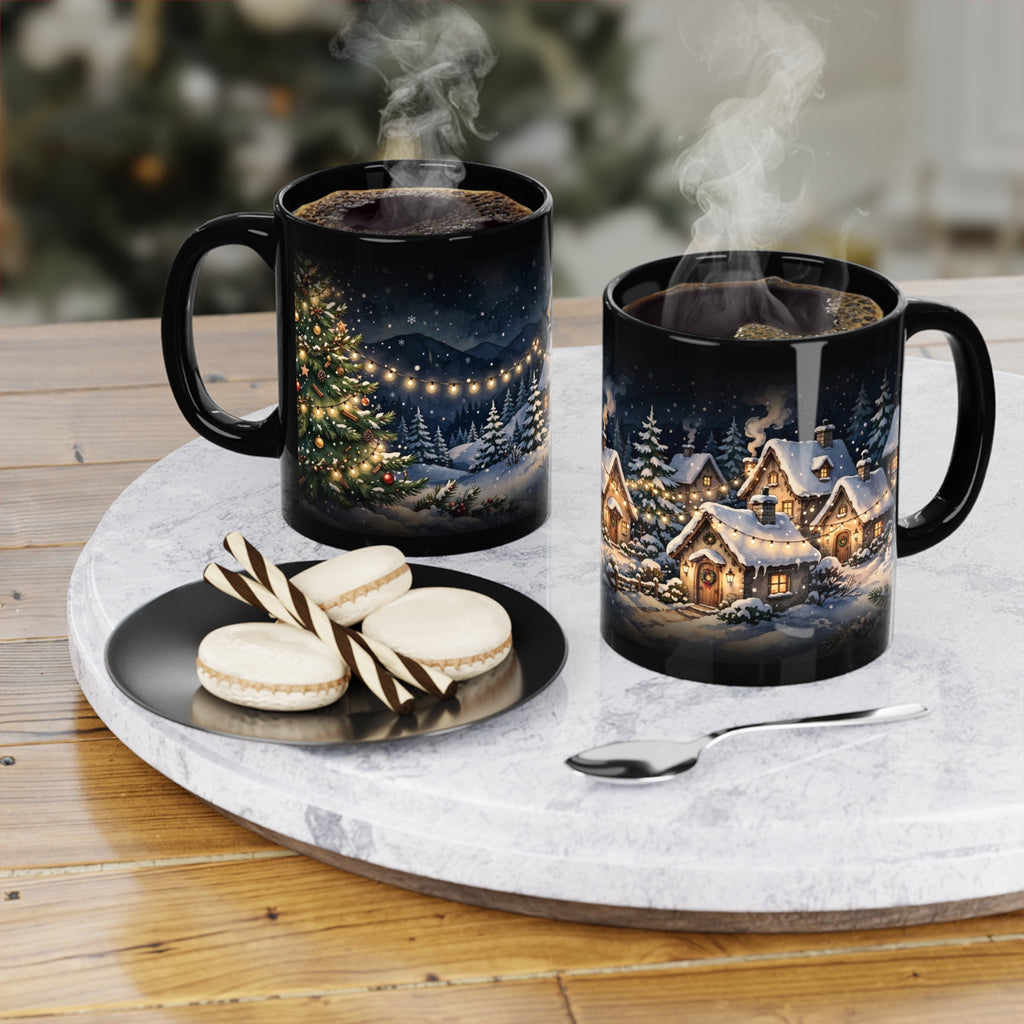 Christmas Night Coffee Mug — 11oz Black Ceramic, Snowy Village & Tree
