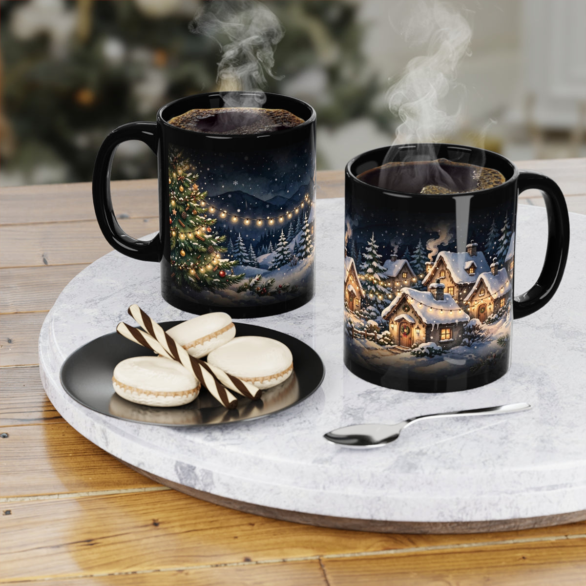 Christmas Night Coffee Mug — 11oz Black Ceramic, Snowy Village & Tree