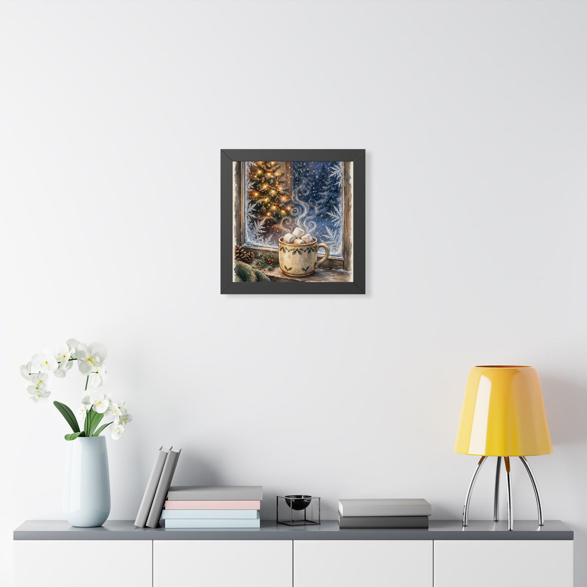 Christmas Cocoa — Snowy Window & Warm Mug, Framed Wall Art