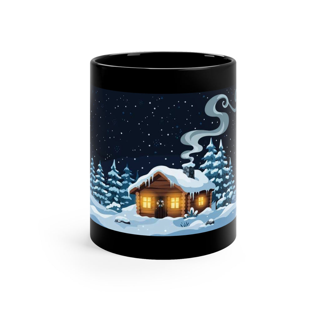 Black 11 oz coffee mug featuring snowy Winter Cabin scene