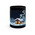 Black 11 oz coffee mug featuring snowy Winter Cabin scene