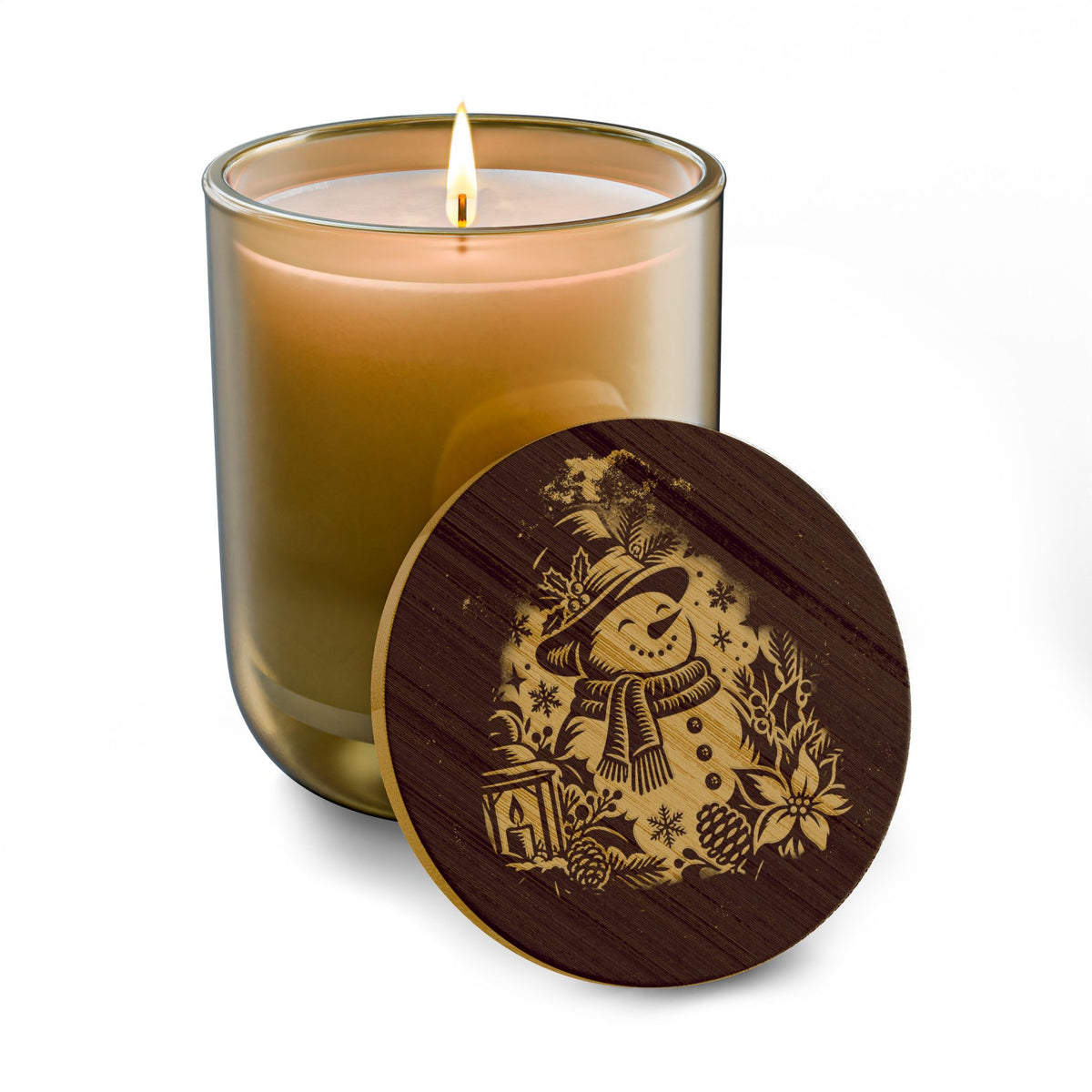 Snowman 14oz soy candle with engraved bamboo lid in Christmas Warmth scent