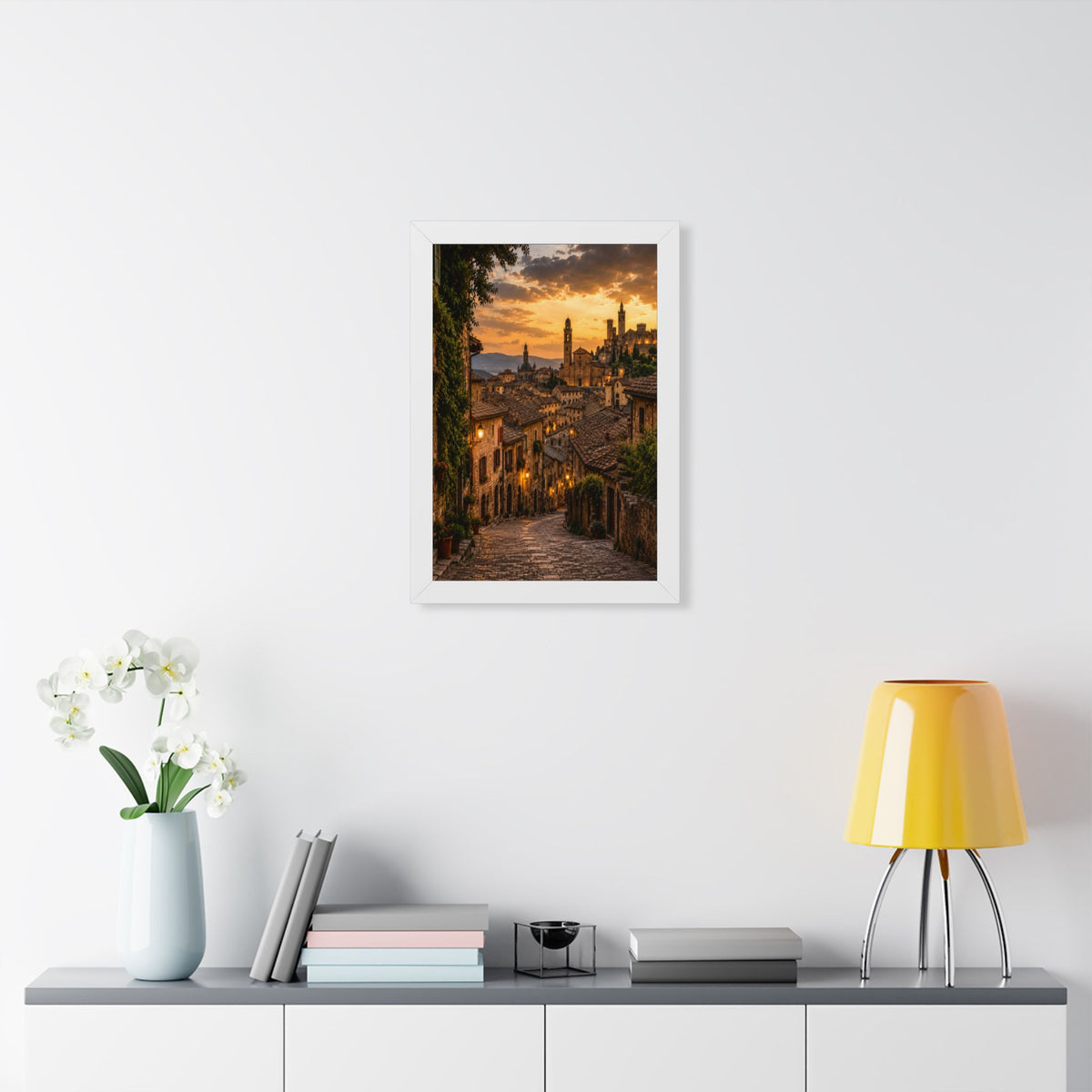 Old-World Town at Sunset — Framed Wall Art
