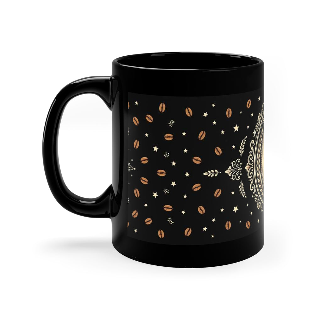 Black 11 oz coffee mug featuring Amanda's Brew House badge logo