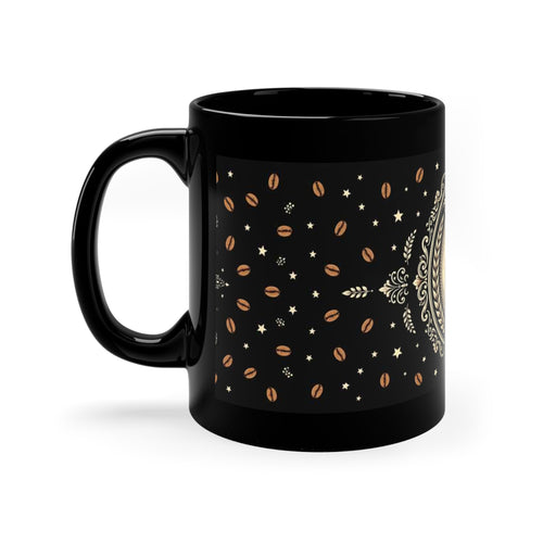 Black 11 oz coffee mug featuring Amanda's Brew House badge logo