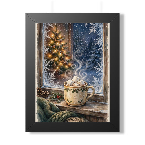 Christmas Cocoa — Snowy Window & Warm Mug, Framed Wall Art