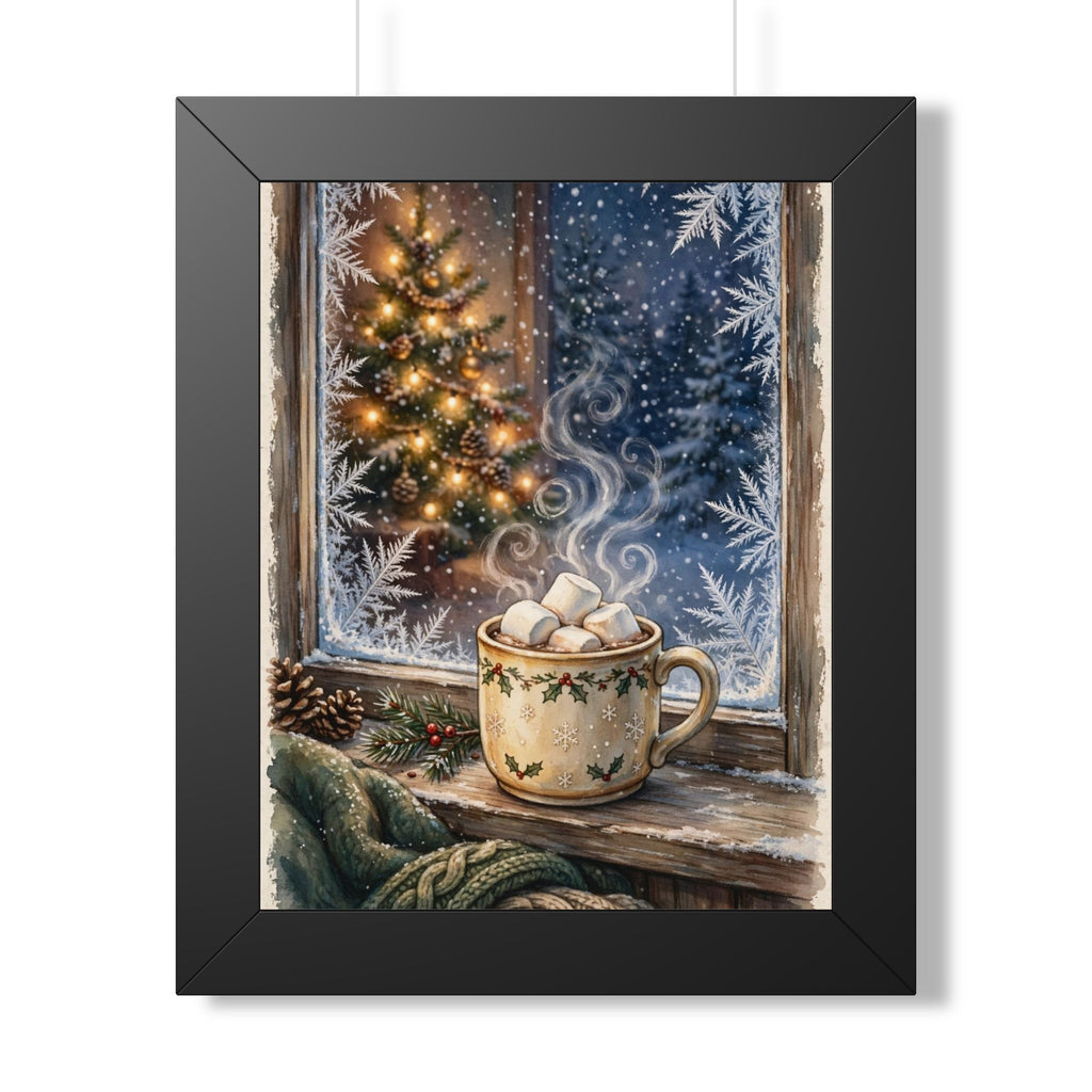 Christmas Cocoa — Snowy Window & Warm Mug, Framed Wall Art