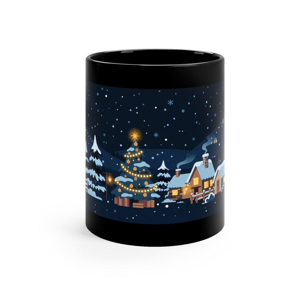 Black 11 oz coffee mug featuring Christmas Morning snowy village