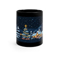 Black 11 oz coffee mug featuring Christmas Morning snowy village