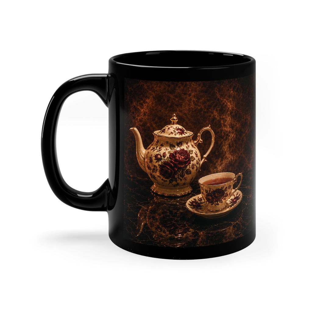 Vintage Floral Teapot Black Mug — 11 oz