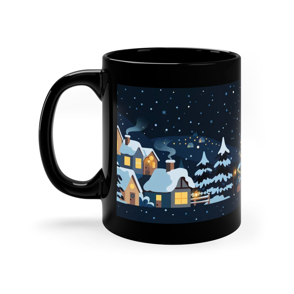 Black 11 oz coffee mug featuring Christmas Morning snowy village
