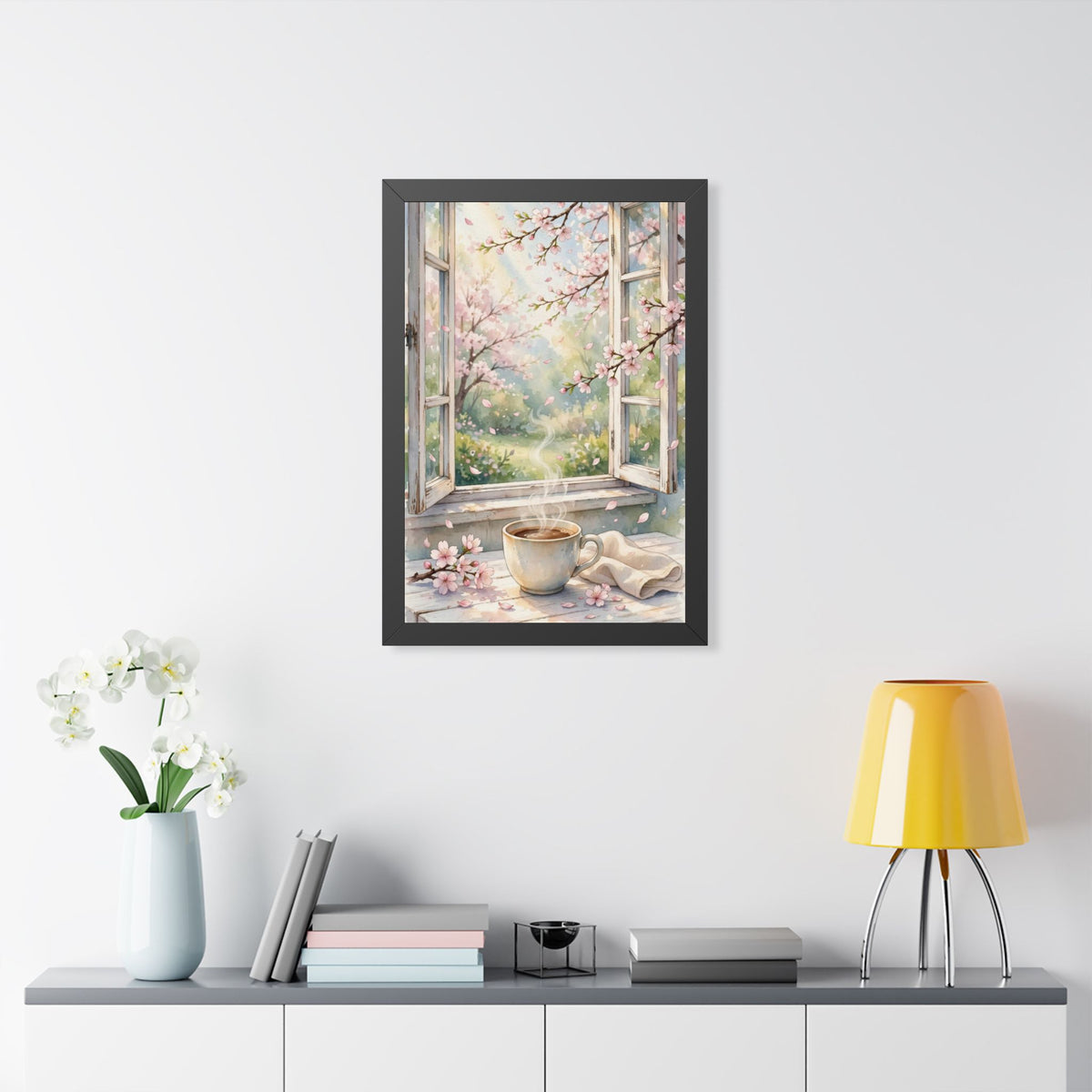 Spring Blossom Morning — Cherry Blossoms & Coffee, Framed Wall Art
