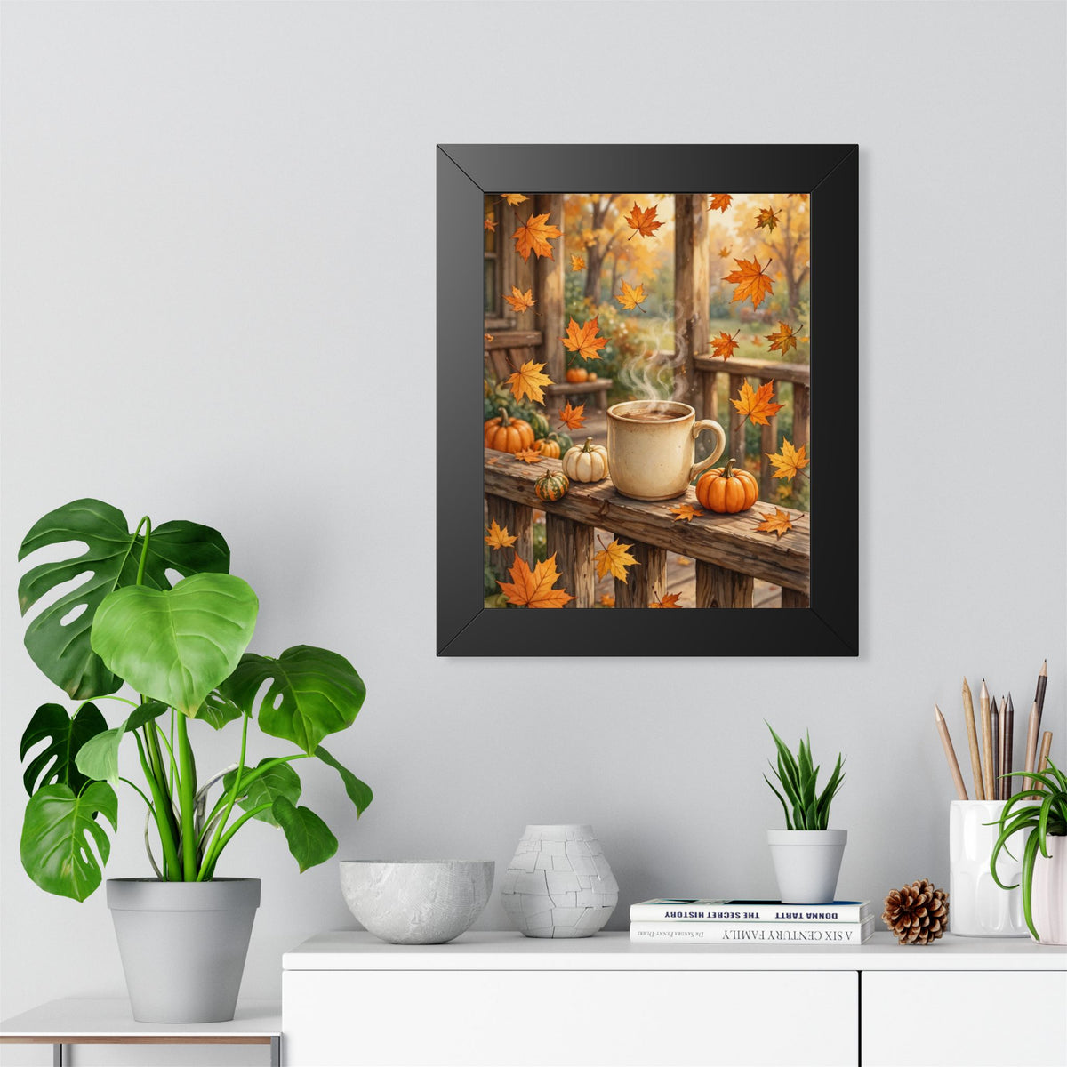 Autumn Porch Coffee — Fall Leaves & Pumpkins, Framed Wall Art