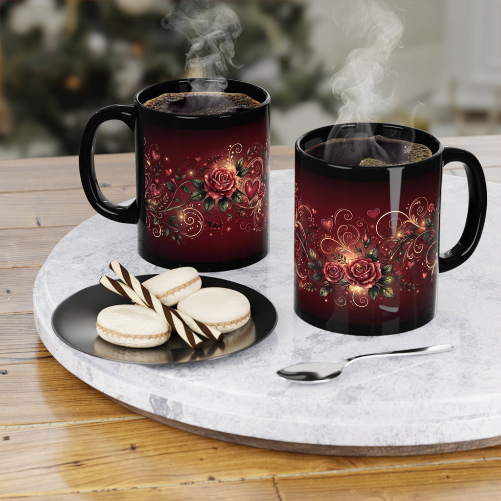 Valentine Hearts Coffee Mug — 11oz Black Ceramic, Roses & Swirls