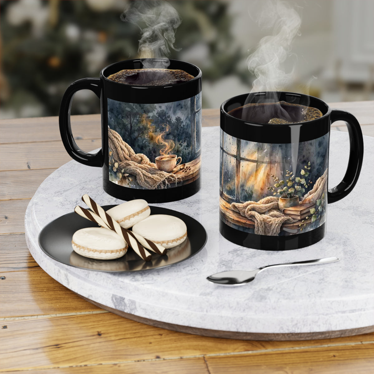 Black 11 oz coffee mug featuring Slow Morning Amanda's Brew House design