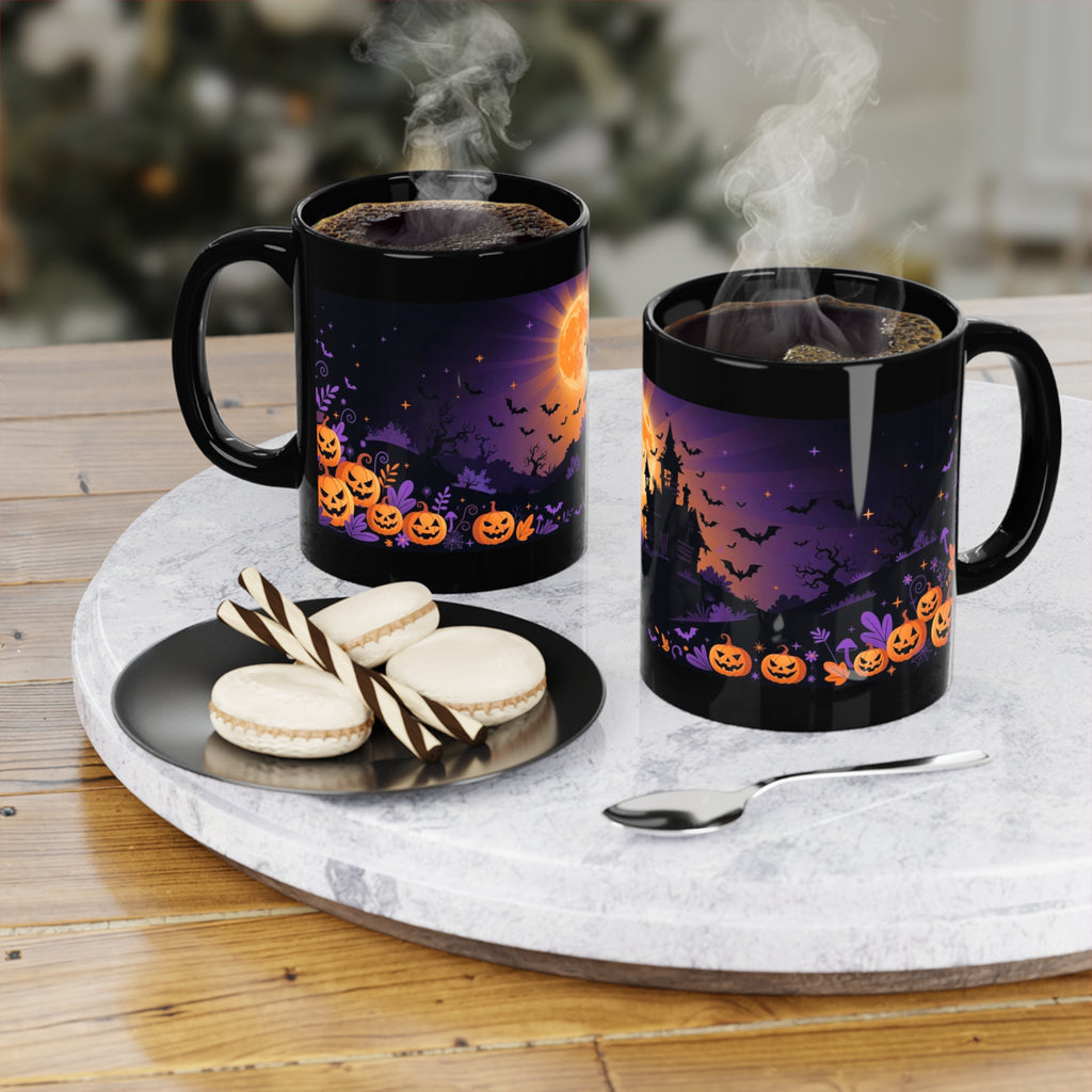 Black 11 oz coffee mug featuring Halloween Night haunted house and harvest moon