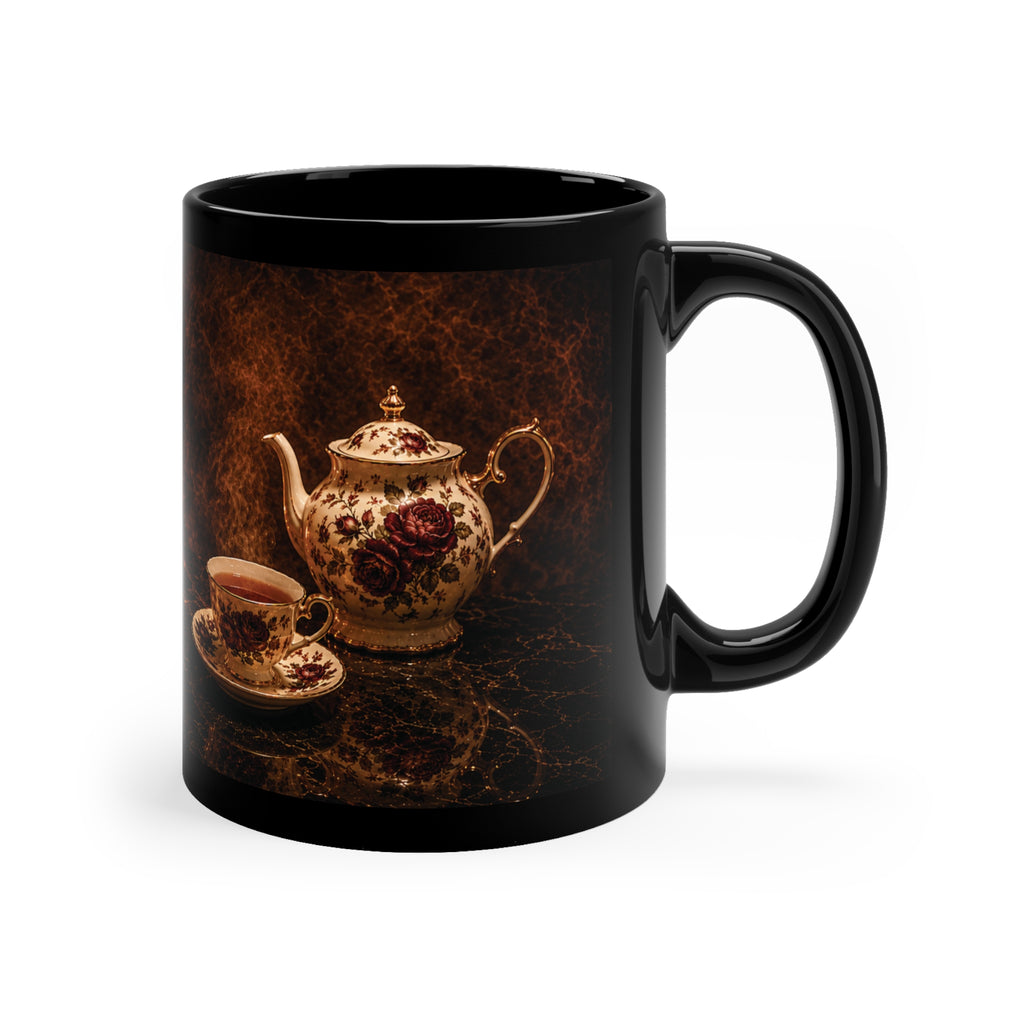 Vintage Floral Teapot Black Mug — 11 oz