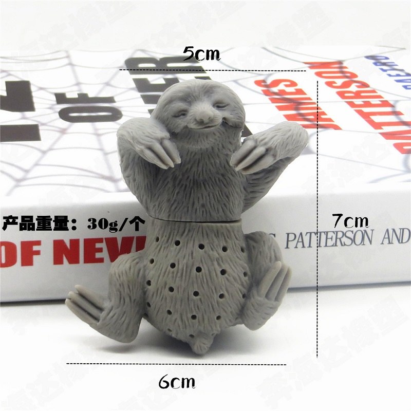 Front view of the gray sloth tea infuser with supplier diagram labels showing 7 cm height, 5 cm upper width and 6 cm lower width
