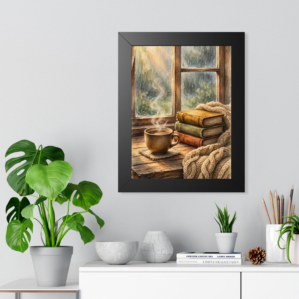 Slow Morning — Cozy Coffee by the Rainy Window, Framed Wall Art