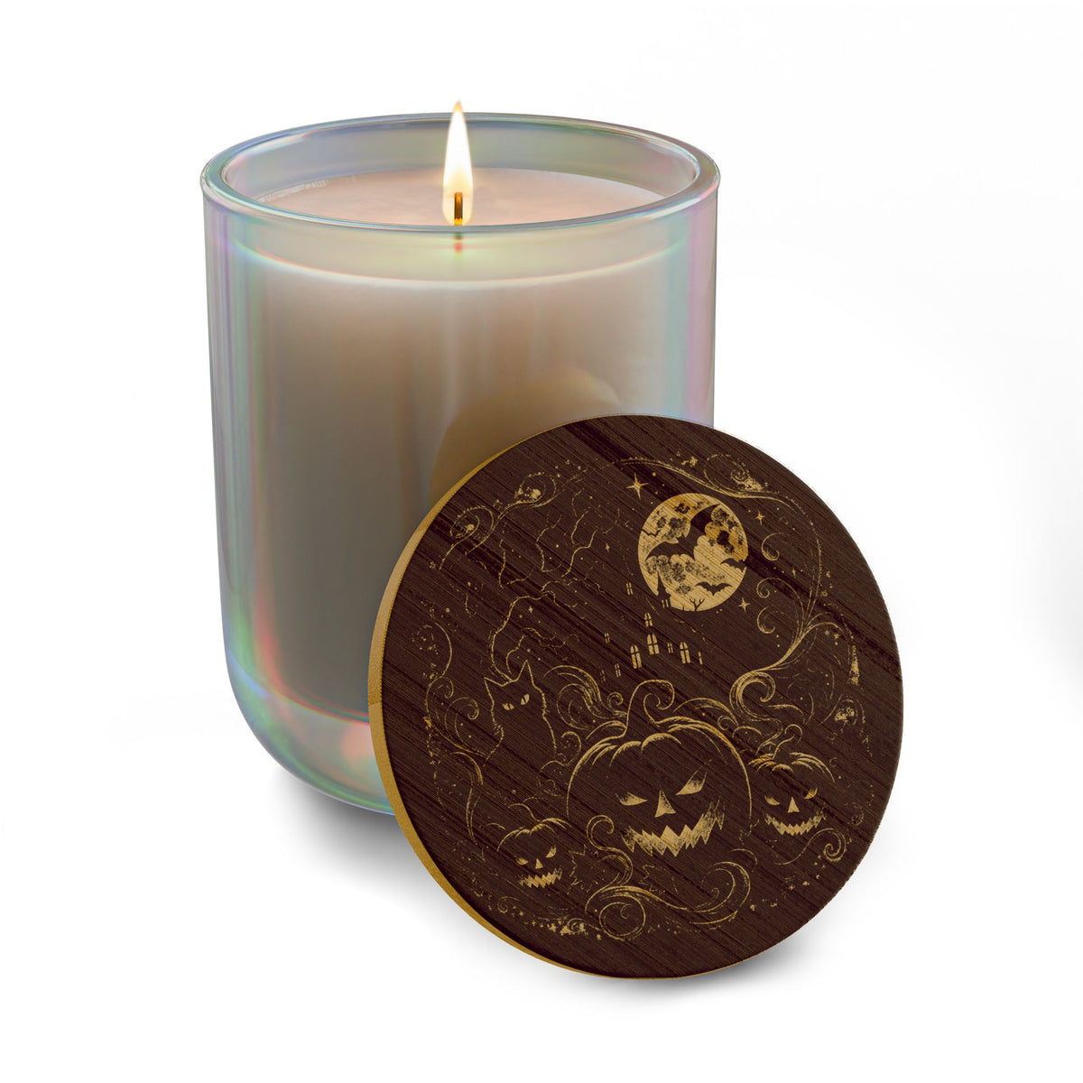 Midnight Moon & Bats 14oz soy candle with engraved Halloween bamboo lid