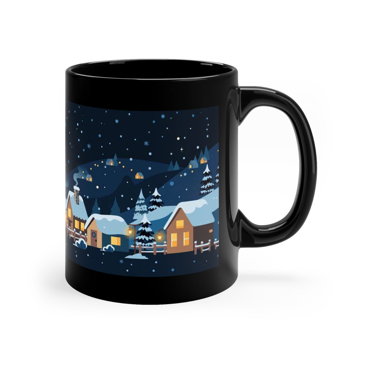 Black 11 oz coffee mug featuring Christmas Morning snowy village