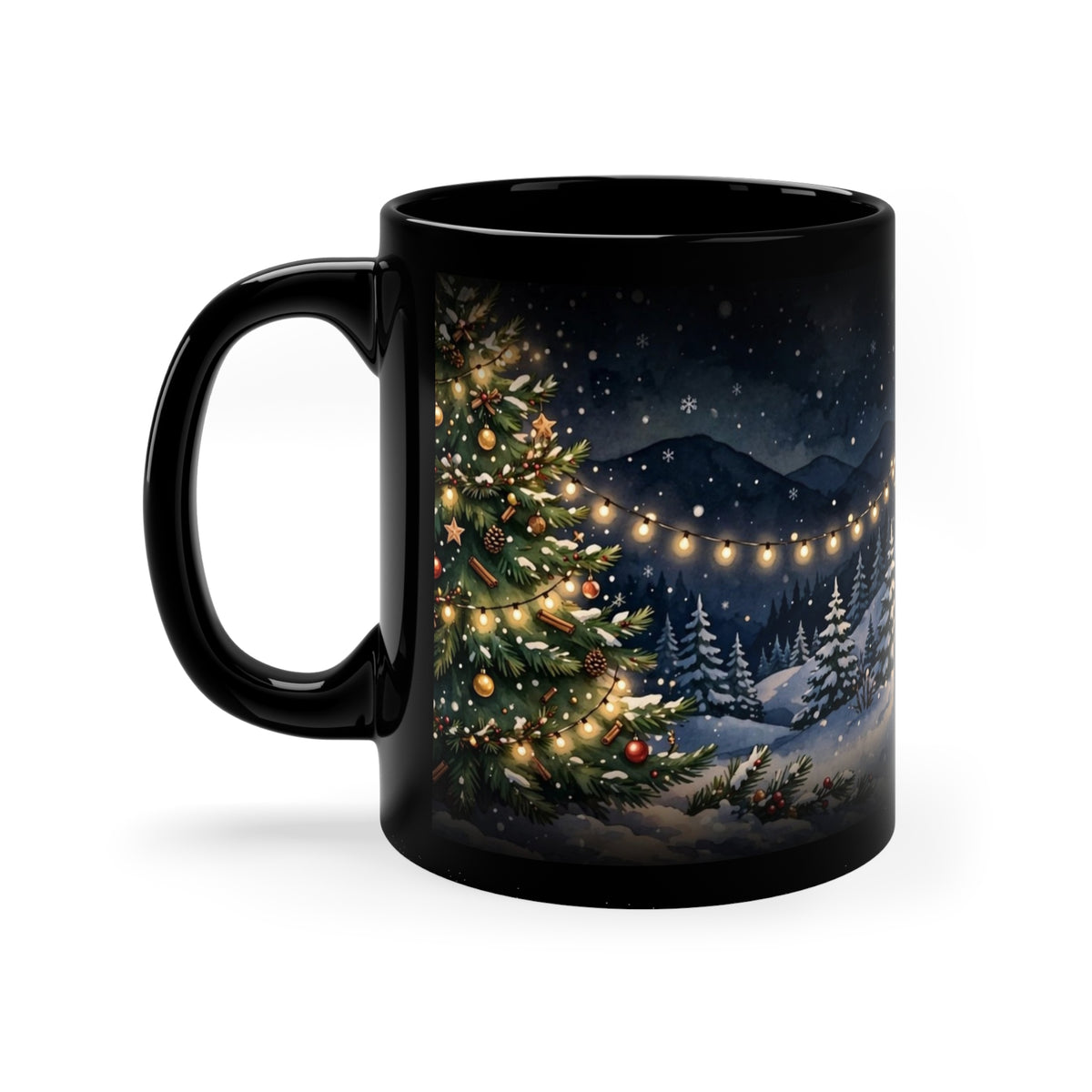 Christmas Night Coffee Mug — 11oz Black Ceramic, Snowy Village & Tree
