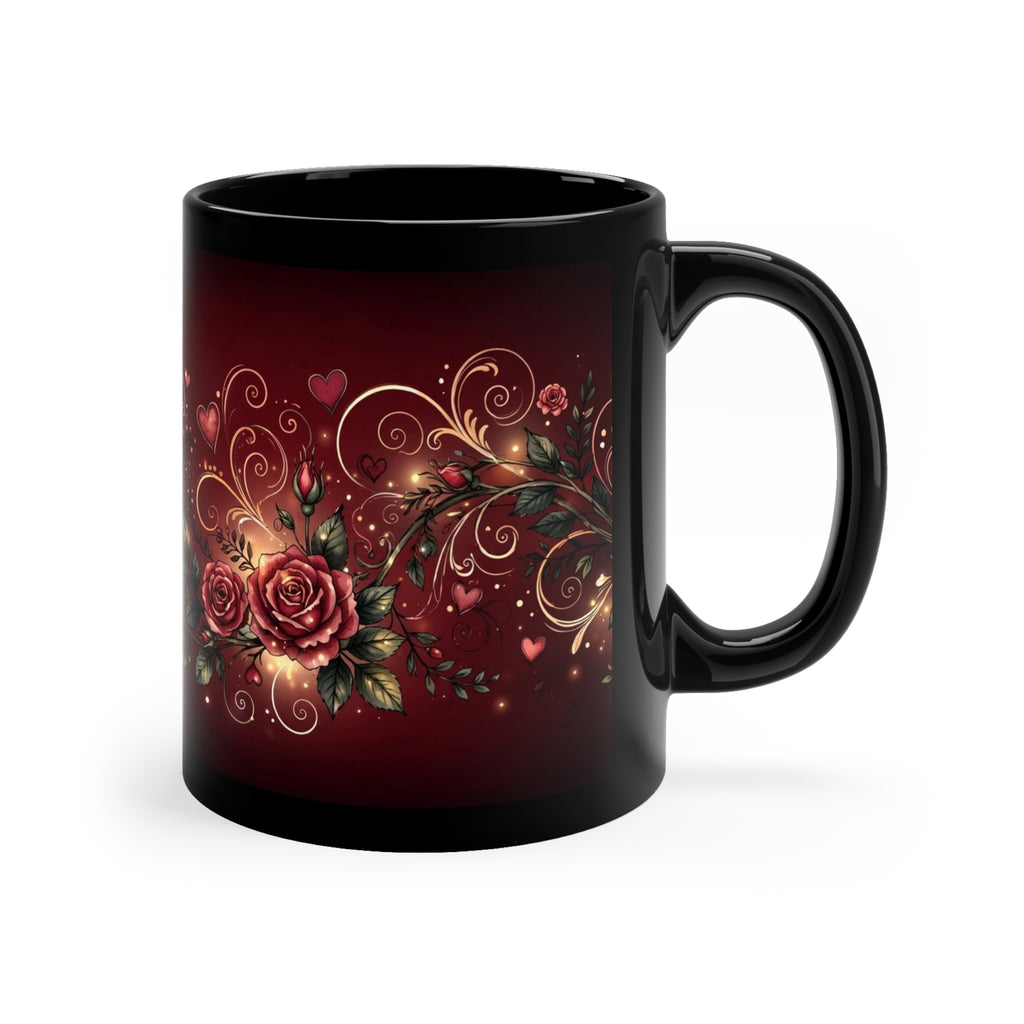 Valentine Hearts Coffee Mug — 11oz Black Ceramic, Roses & Swirls