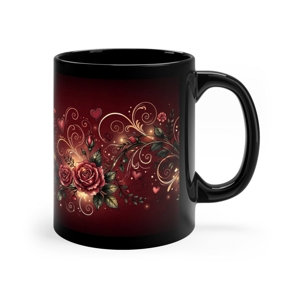 Valentine Hearts Coffee Mug — 11oz Black Ceramic, Roses & Swirls