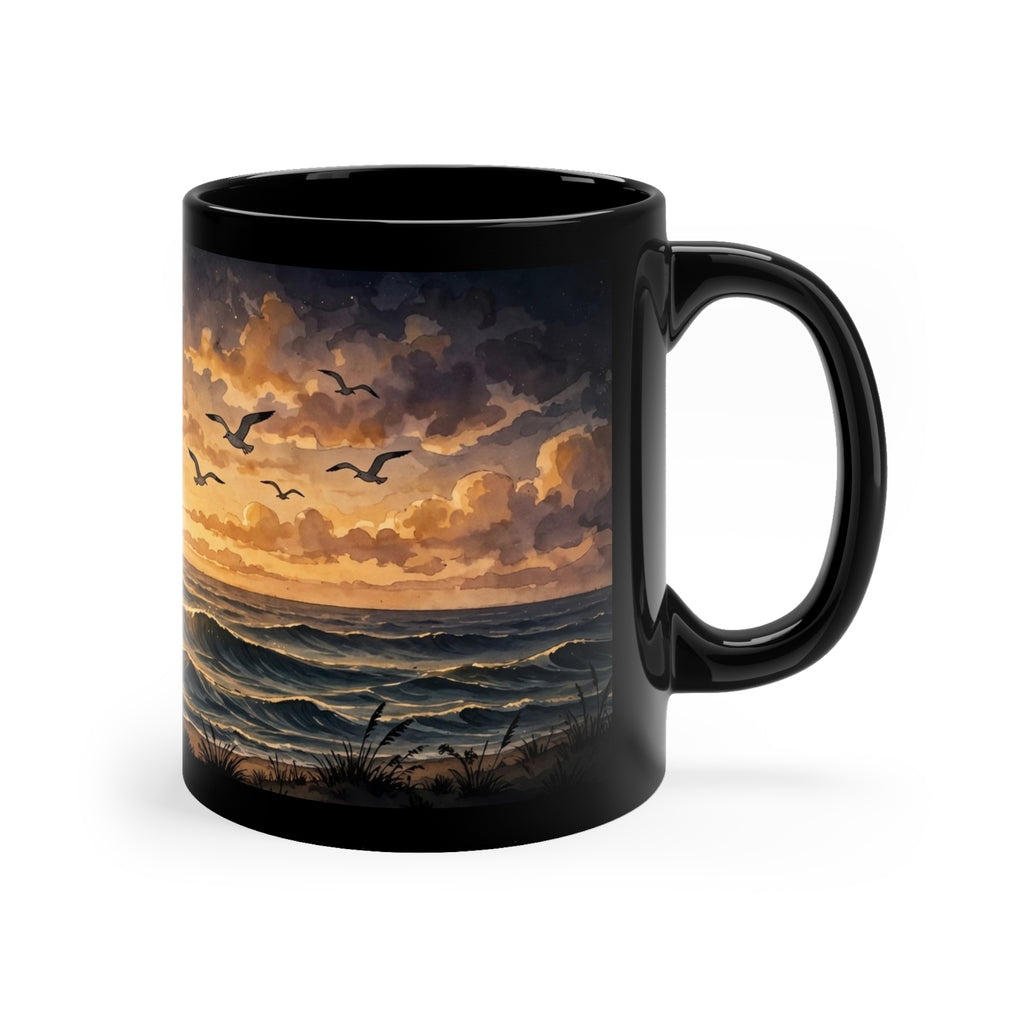 Summer Sunset Coffee Mug — 11oz Black Ceramic, Ocean Waves & Golden Sun